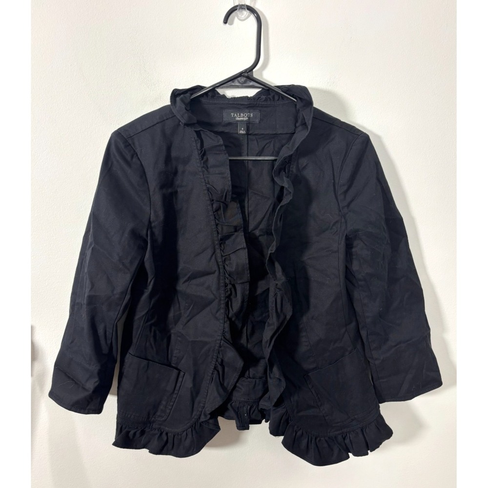 Talbots Women's Black Ruffle Jacket 3/4 Sleeve Size 4 Office Clasp